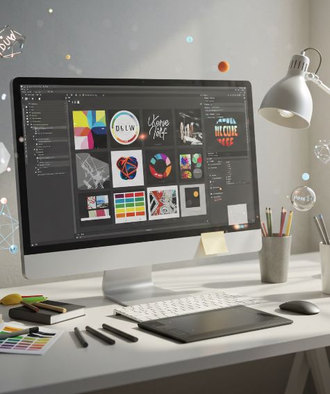 Ordenador de escritorio con software de diseño gráfico abierto en la pantalla